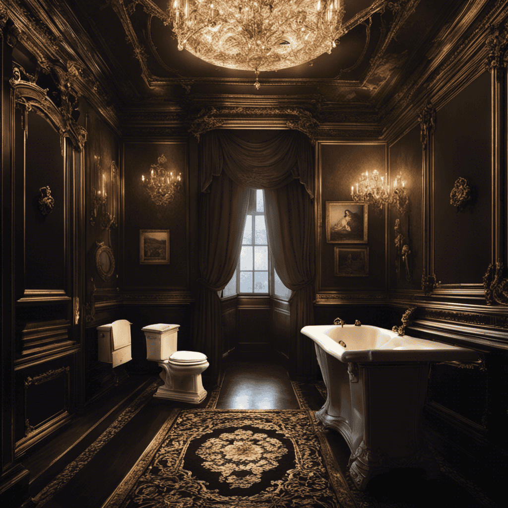 An image depicting a dimly lit, ornate bathroom with a vintage porcelain toilet