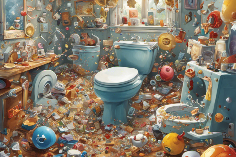 Ate a chaotic scene inside a bathroom, capturing the moment an array of objects - a cellphone, jewelry, and a toy - are helplessly sucked into the swirling vortex of a toilet, causing water to overflow onto the floor