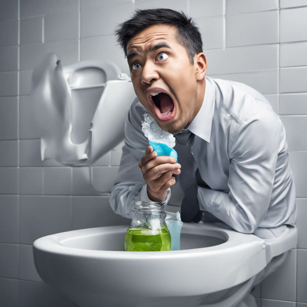 An image depicting a person hesitantly sipping water from a toilet bowl, with their facial expression displaying shock and disgust