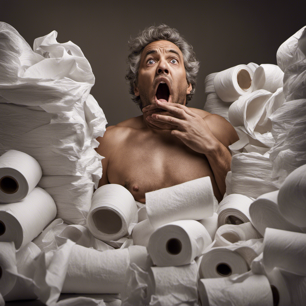 An image capturing the aftermath of eating toilet paper - a puzzled individual surrounded by a pile of crumpled tissue, their hands reaching for their belly in discomfort, while the toilet paper roll ominously looms in the background