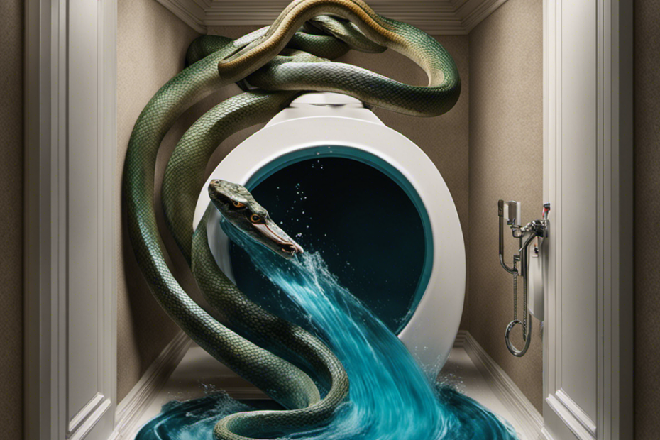 An image capturing the aftermath of flushing a snake down the toilet: a bewildered snake coiled in the depths of a swirling vortex, water splashing, and the toilet bowl transformed into a mysterious, dangerous portal