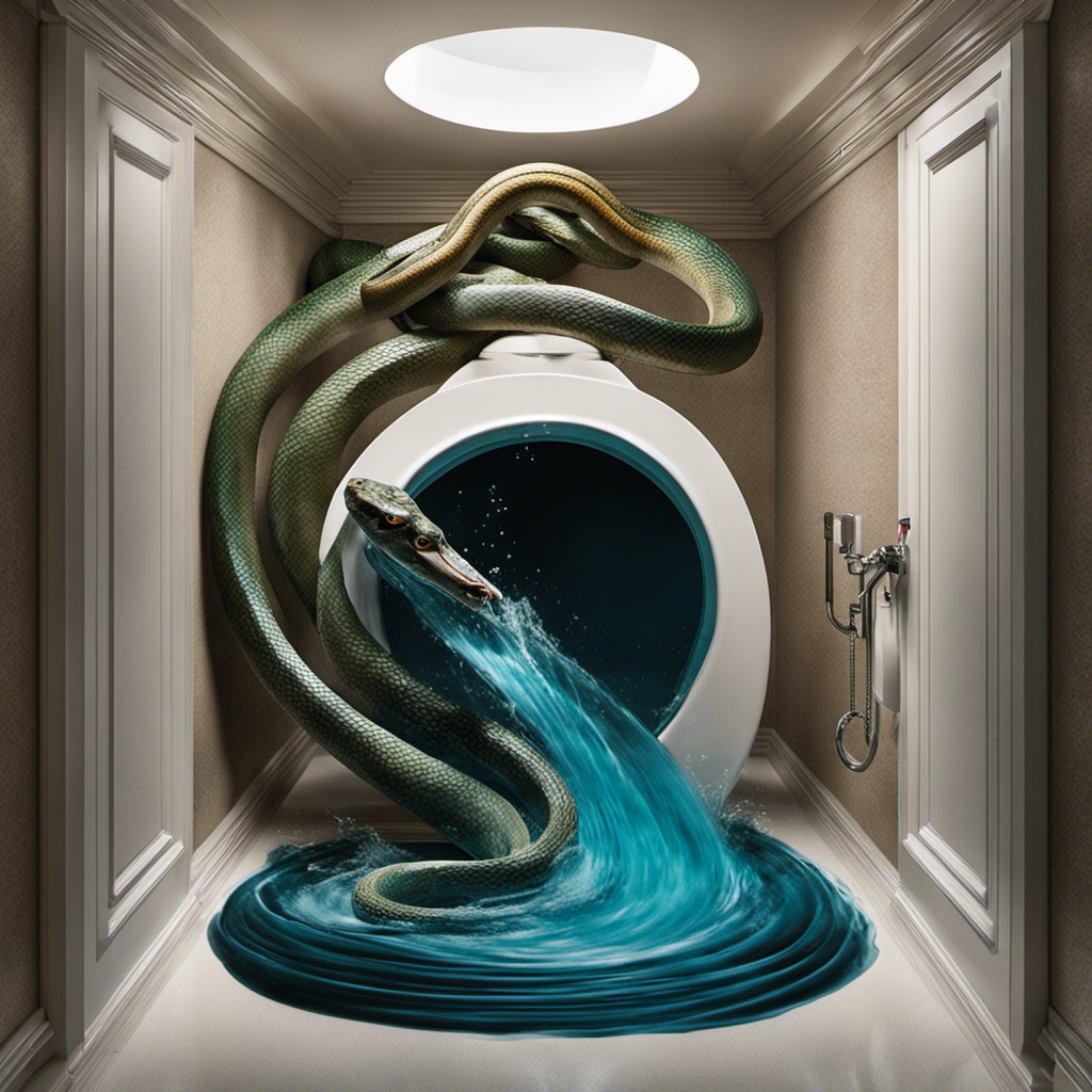 An image capturing the aftermath of flushing a snake down the toilet: a bewildered snake coiled in the depths of a swirling vortex, water splashing, and the toilet bowl transformed into a mysterious, dangerous portal