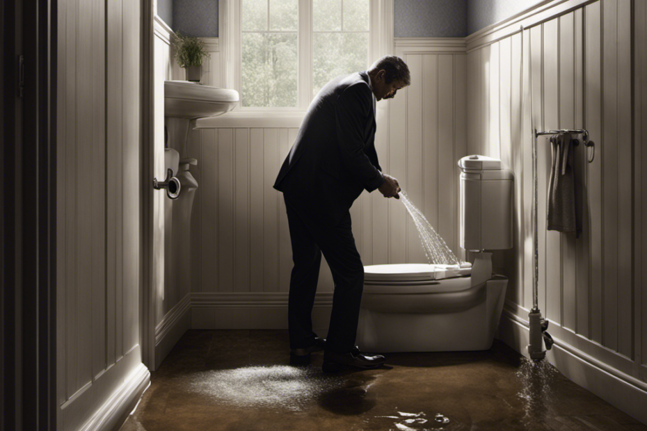 An image of a frustrated person in a dimly lit bathroom, desperately pushing down the toilet handle as water gushes out from the tank, cascading onto the floor, while an empty water pipe hangs loosely on the wall