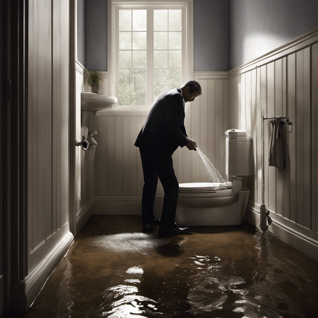 An image of a frustrated person in a dimly lit bathroom, desperately pushing down the toilet handle as water gushes out from the tank, cascading onto the floor, while an empty water pipe hangs loosely on the wall