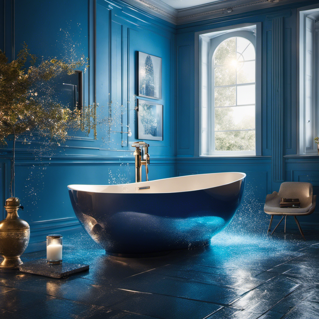 An image showcasing a bathroom scene with a vibrant blue bathtub filled halfway with water