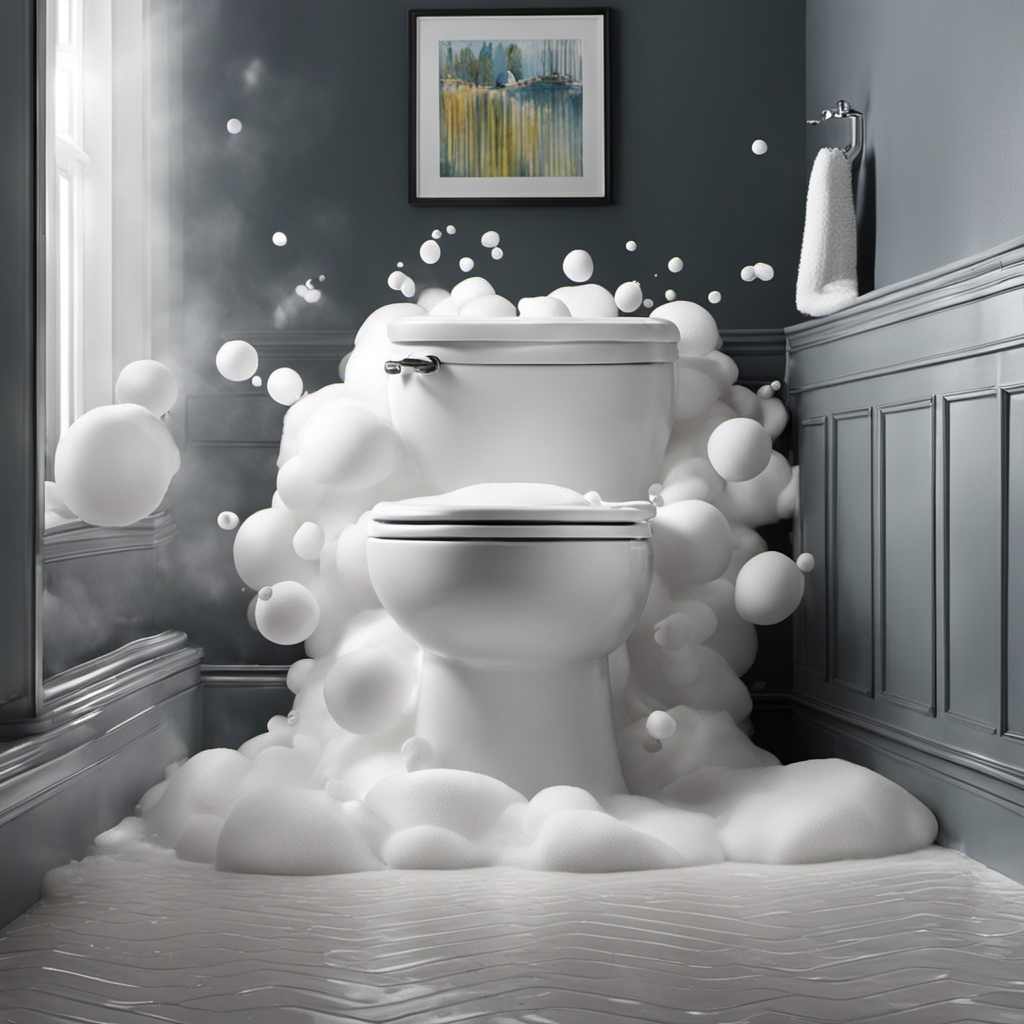An image capturing the aftermath of pouring dish soap into a toilet: frothy, white bubbles cascading over the rim, infiltrating the bathroom floor, while suds and foam engulf the toilet bowl, threatening to overflow
