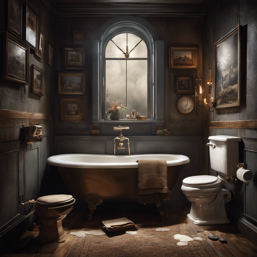An image showcasing a cramped, dimly lit bathroom with a cloud of steam, a neglected magazine on the floor, a clock ticking, and a pair of numb legs dangling from the toilet seat