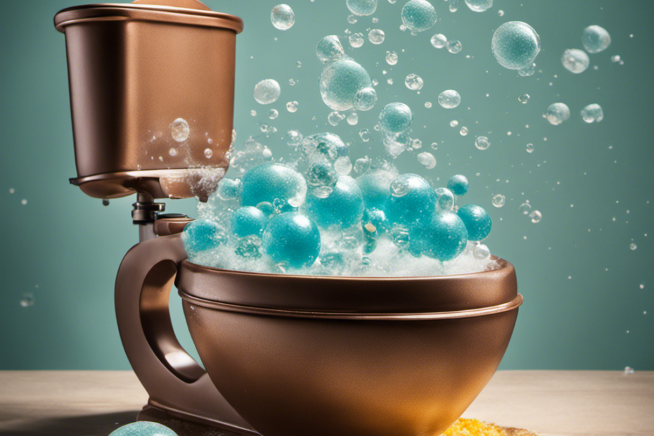 An image showcasing a toilet filled with sparkling water and fizzing bubbles, as baking soda is sprinkled into the bowl