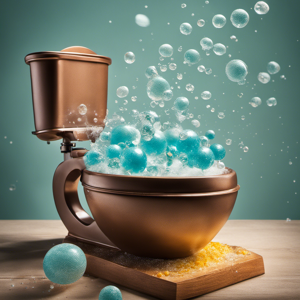 An image showcasing a toilet filled with sparkling water and fizzing bubbles, as baking soda is sprinkled into the bowl