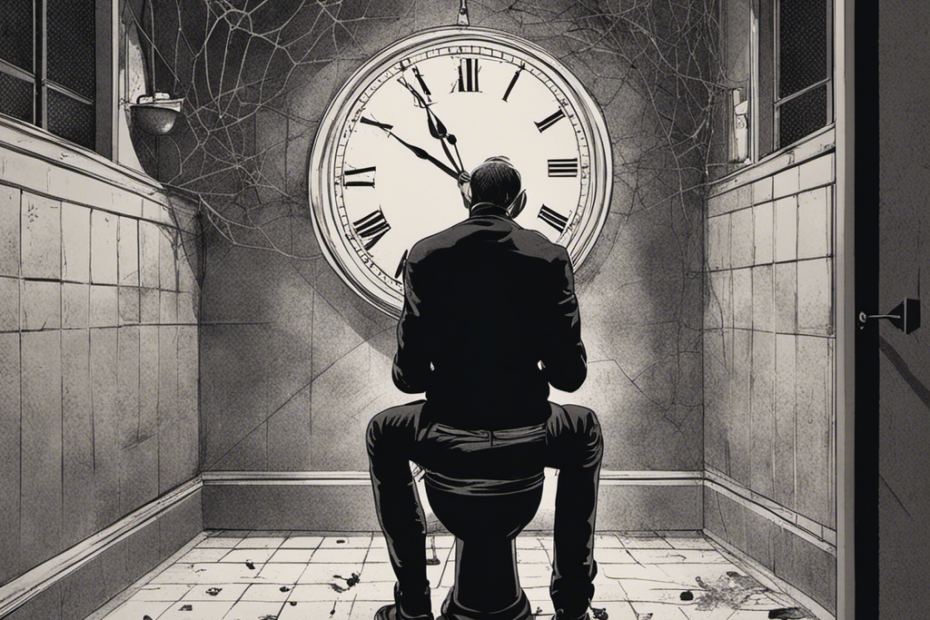 An image that depicts a person sitting on a toilet with a clock on the wall showing the passing of hours