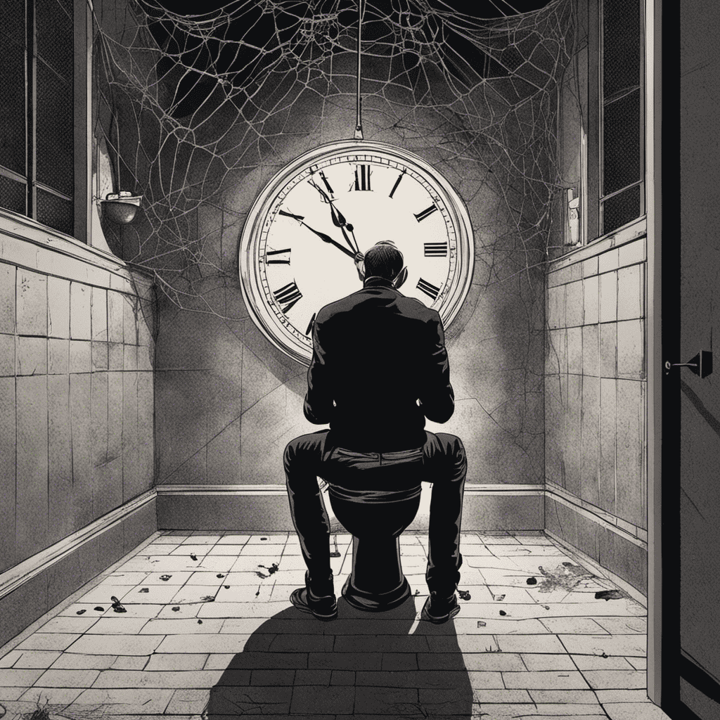 An image that depicts a person sitting on a toilet with a clock on the wall showing the passing of hours