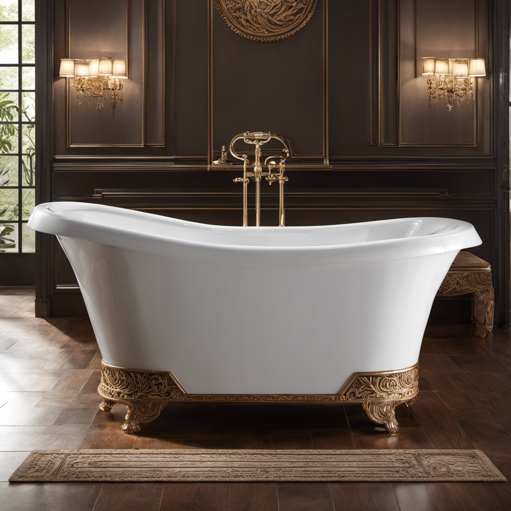 An image showcasing a close-up of a pristine white bathtub with a beautifully crafted wooden apron encasing it