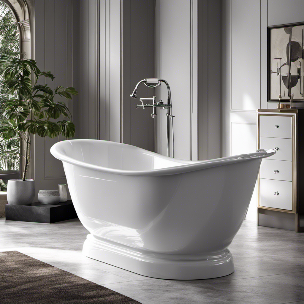 An image showcasing the intricate construction of a bathtub, capturing the smooth, glossy surface of a porcelain enamel layer over a sturdy cast iron core, surrounded by a sleek, seamless acrylic exterior