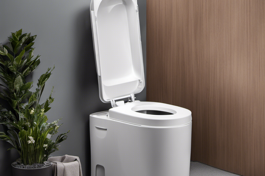 An image that showcases a portable toilet with a removable waste tank, featuring a flush handle on top, a hinged seat cover, and a transparent section to display the waste level