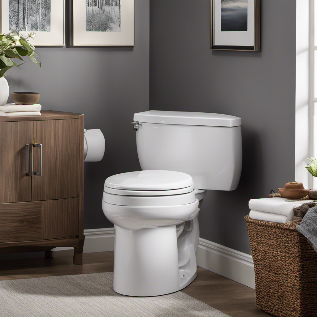 An image that showcases the ergonomic design of a chair height toilet, emphasizing its raised seat, comfortable seating position, and effortless transition from sitting to standing