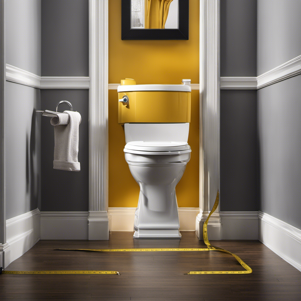 An image showcasing a person using a measuring tape to determine the distance from the floor to the top of a chair height toilet, emphasizing the precise measurement process