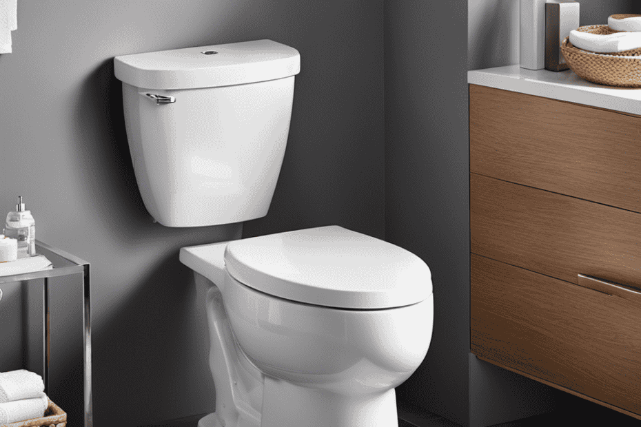 An image showcasing a sleek, contemporary bathroom with a chair height toilet