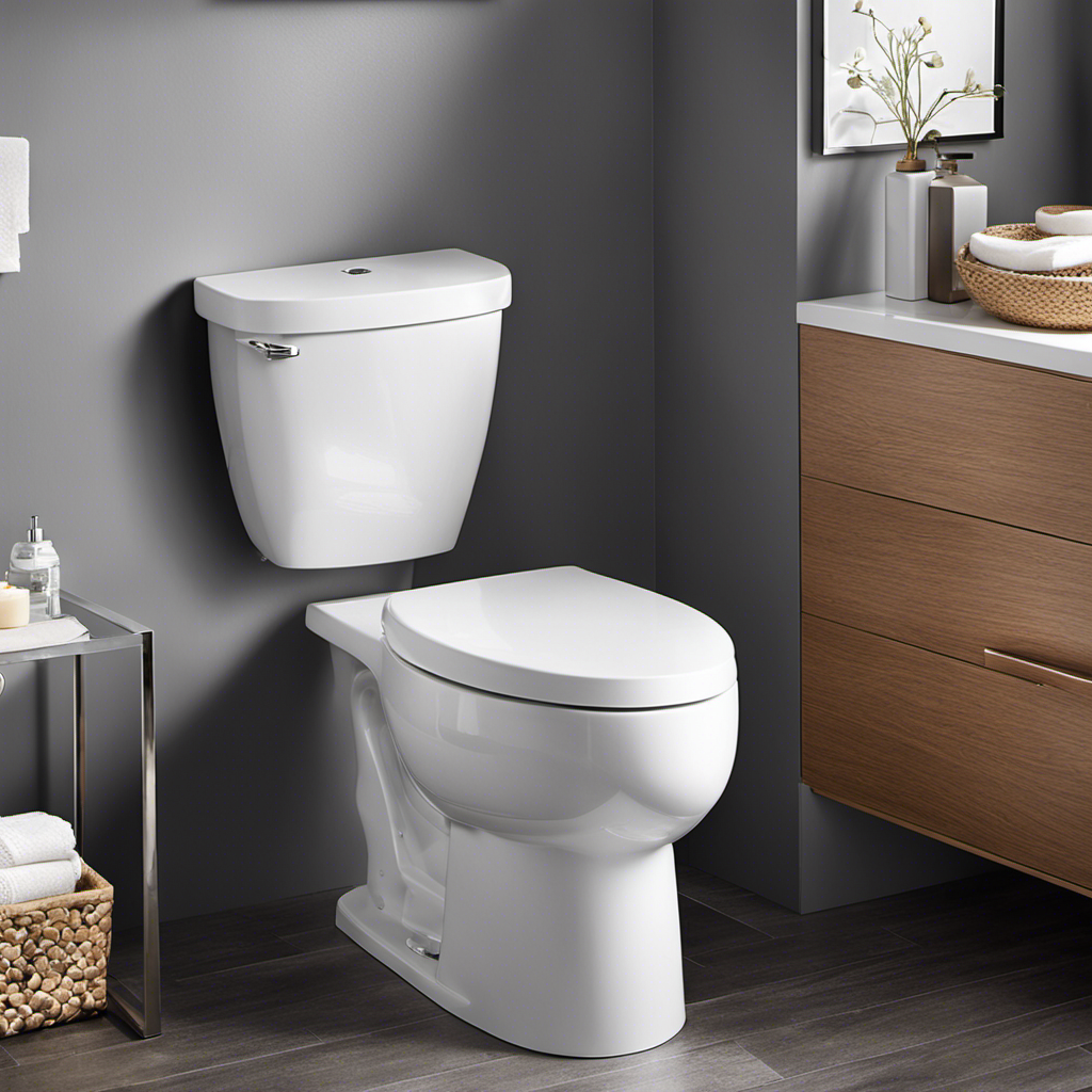 An image showcasing a sleek, contemporary bathroom with a chair height toilet