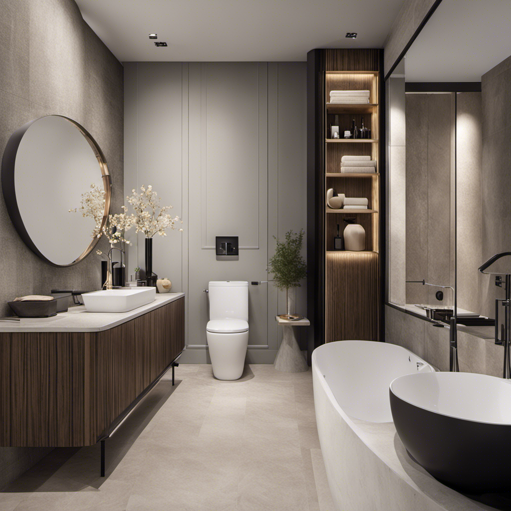 An image that showcases a sleek, modern bathroom with a comfort height toilet