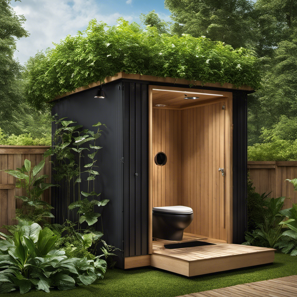 An image showcasing a compost toilet surrounded by lush vegetation