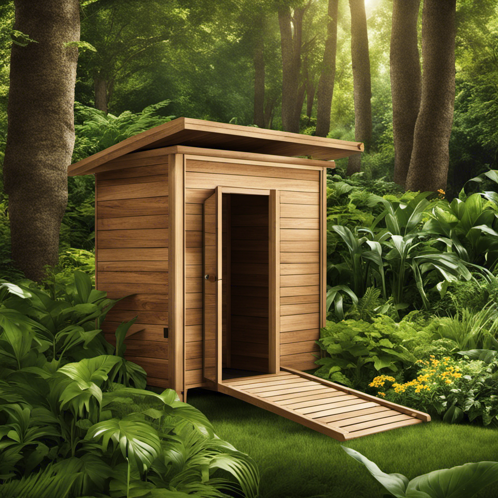 An image that depicts a wooden outdoor toilet with a separate compartment for composting