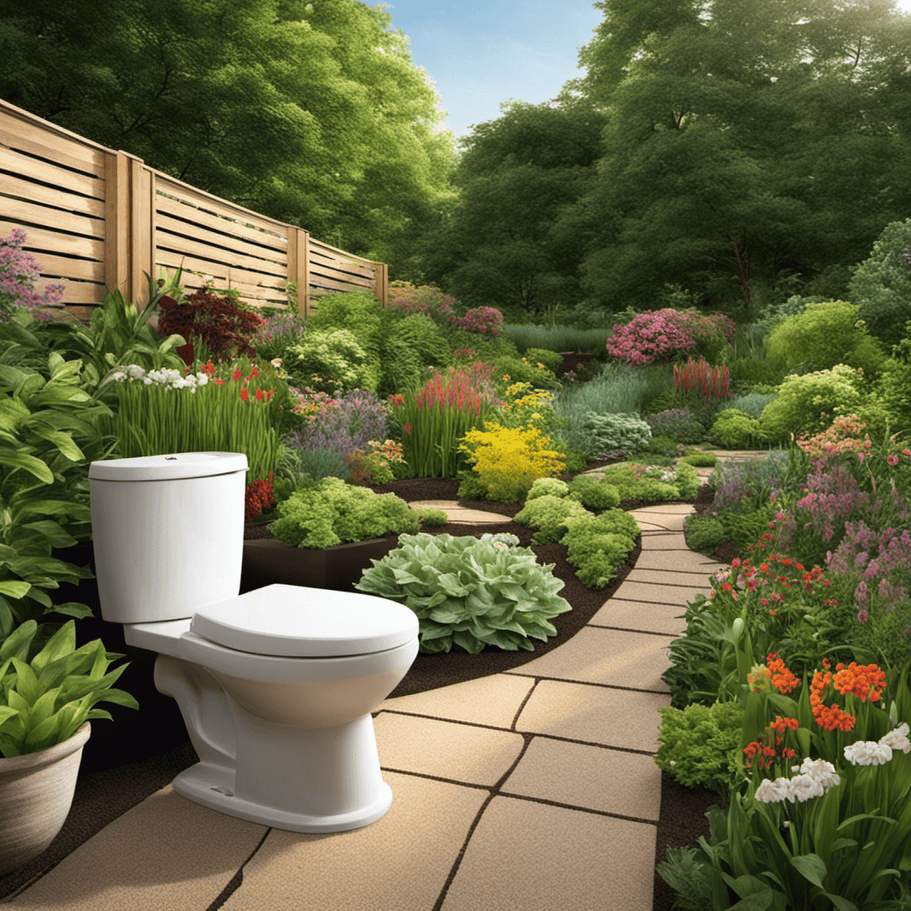 An image showcasing a lush garden with thriving plants and flowers, surrounded by a composting toilet system