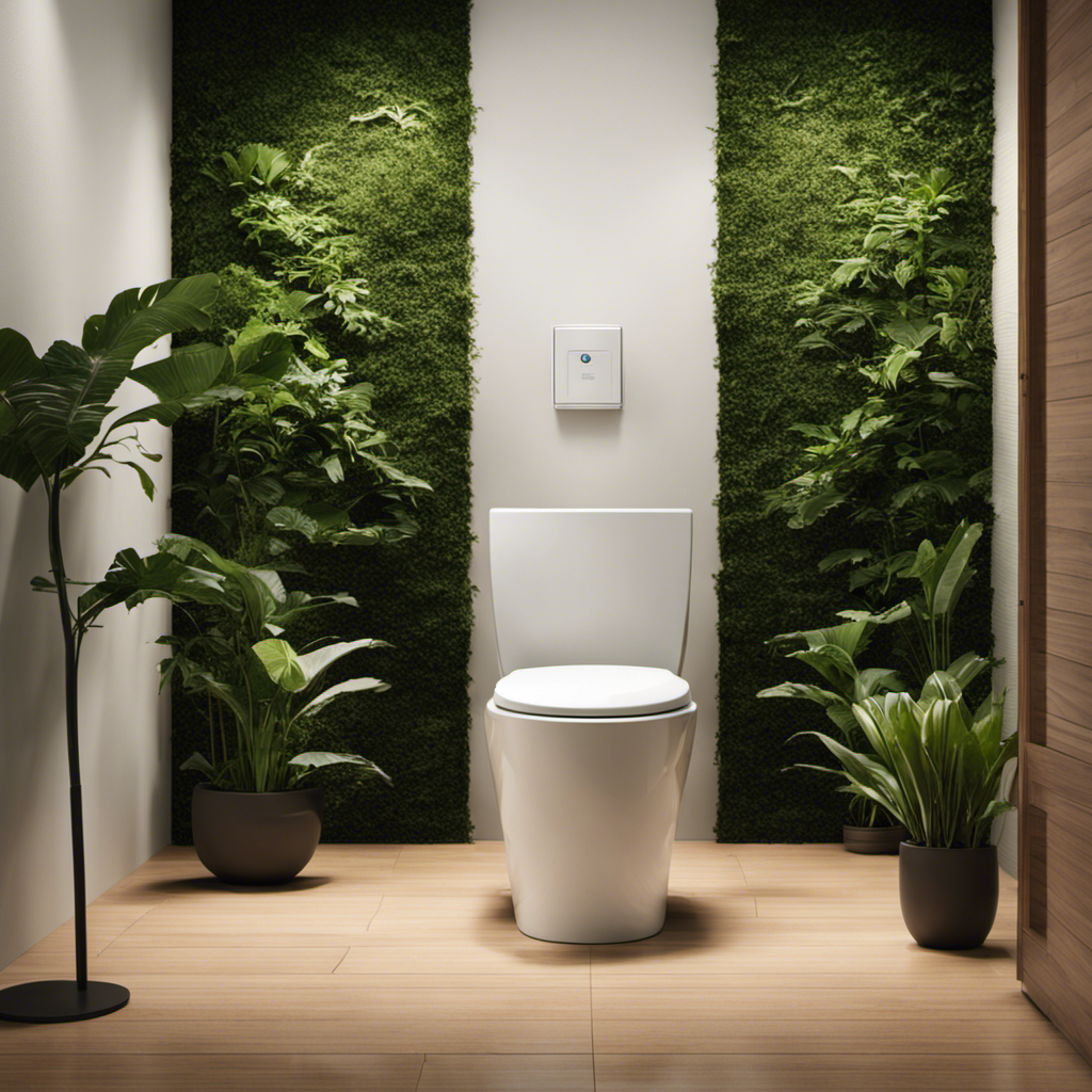 An image that depicts a modern composting toilet in a pristine bathroom setting, surrounded by lush green plants