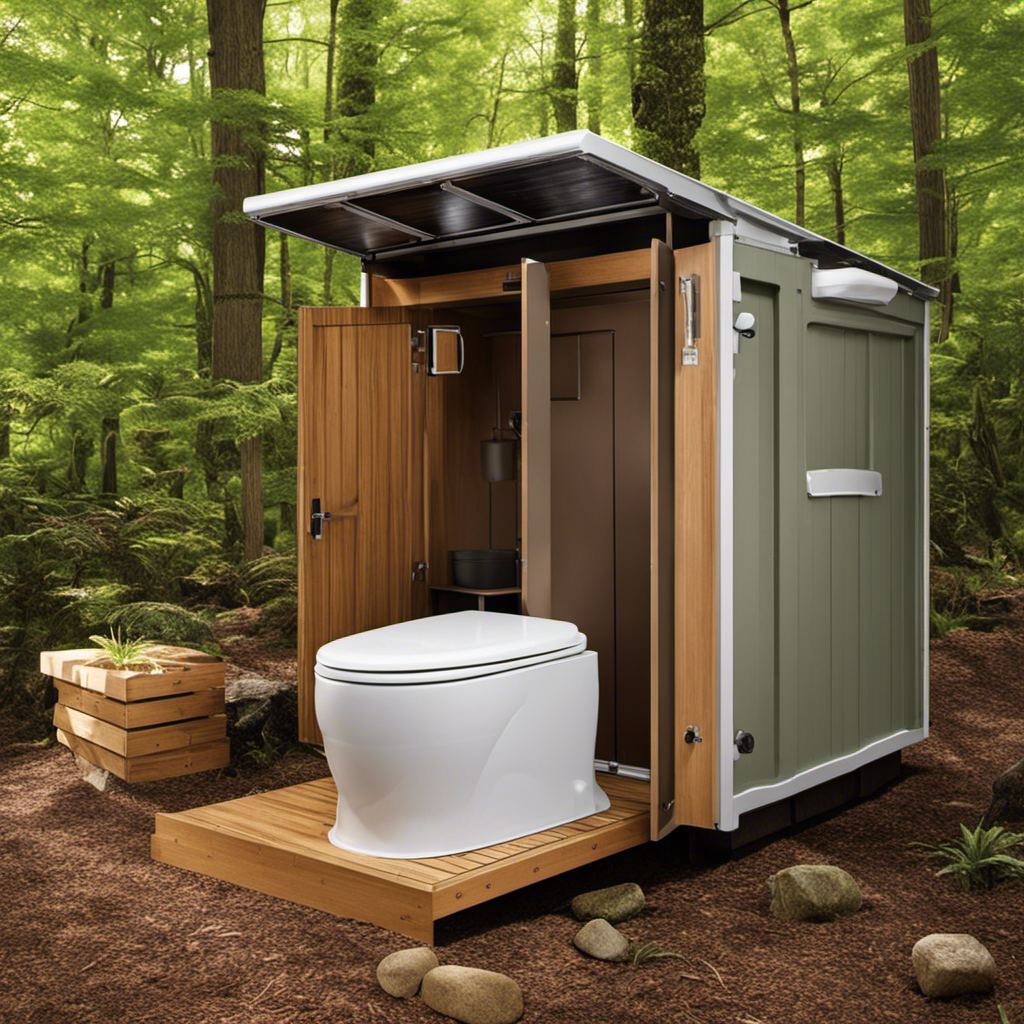 An image showcasing various types of composting toilets, highlighting their distinct features: a self-contained unit with a separating system, a continuous batch composter, and a vermicomposting toilet with a worm-filled chamber