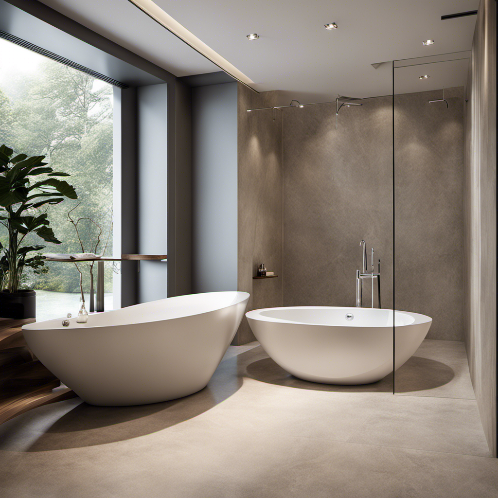 An image showcasing a luxurious bathroom with a sleek, deep drop-in bathtub nestled seamlessly into a pristine tiled floor