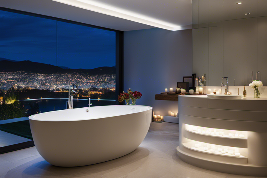 An image showcasing a luxurious drop-in bathtub: a deep, oval-shaped basin made of sleek white porcelain, nestled seamlessly into a beautifully tiled bathroom floor, surrounded by softly glowing candles