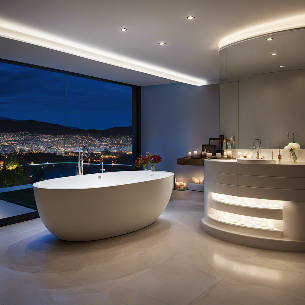 An image showcasing a luxurious drop-in bathtub: a deep, oval-shaped basin made of sleek white porcelain, nestled seamlessly into a beautifully tiled bathroom floor, surrounded by softly glowing candles