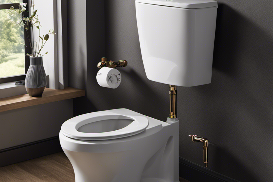 An image showcasing the inner workings of a toilet tank: a fill valve, connected to a water supply, regulates water flow into the tank