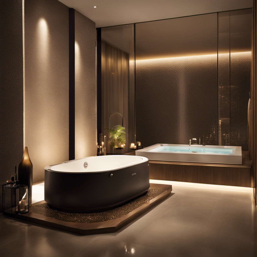 An image that showcases the tranquil indulgence of a jacuzzi bathtub: a serene oasis adorned with bubbling jets, surrounded by opulent tiles, bathed in warm, sensual lighting, inviting relaxation and rejuvenation