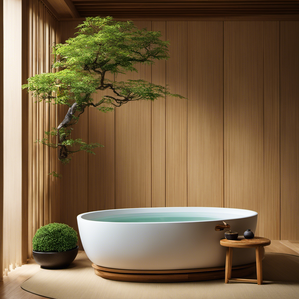 An image showcasing a serene Japanese bathroom featuring a deep, oval-shaped wooden bathtub with a low wooden stool nearby, adorned with a bamboo ladle and a small bonsai tree in the background
