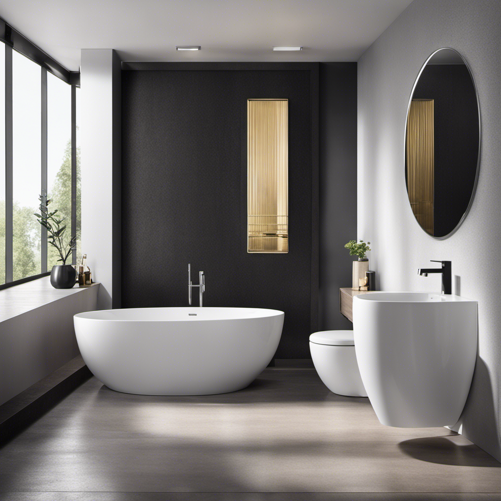 An image capturing a sleek, modern bathroom with a stylish low flow toilet in the foreground