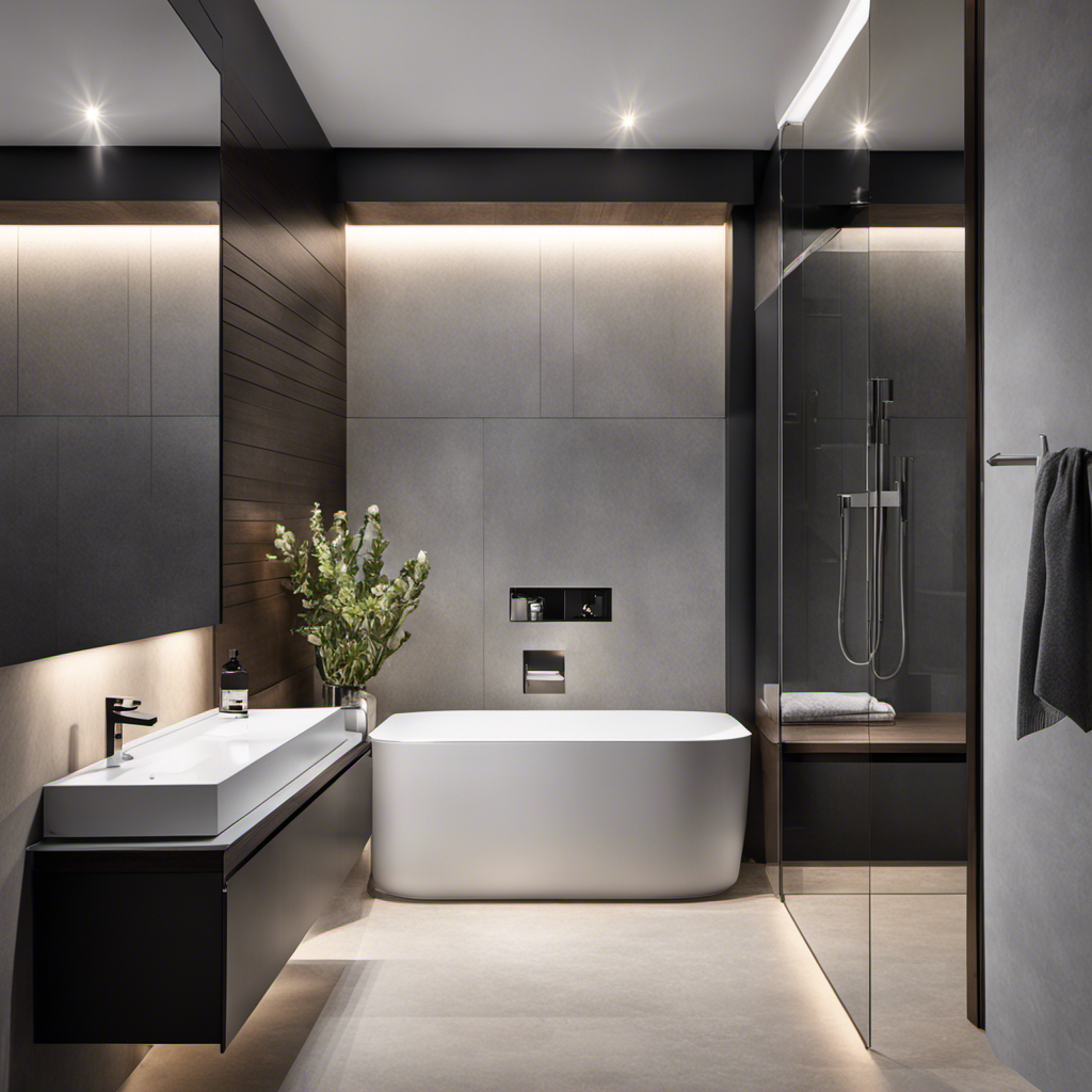 An image showcasing a sleek, modern bathroom with a hidden mechanism
