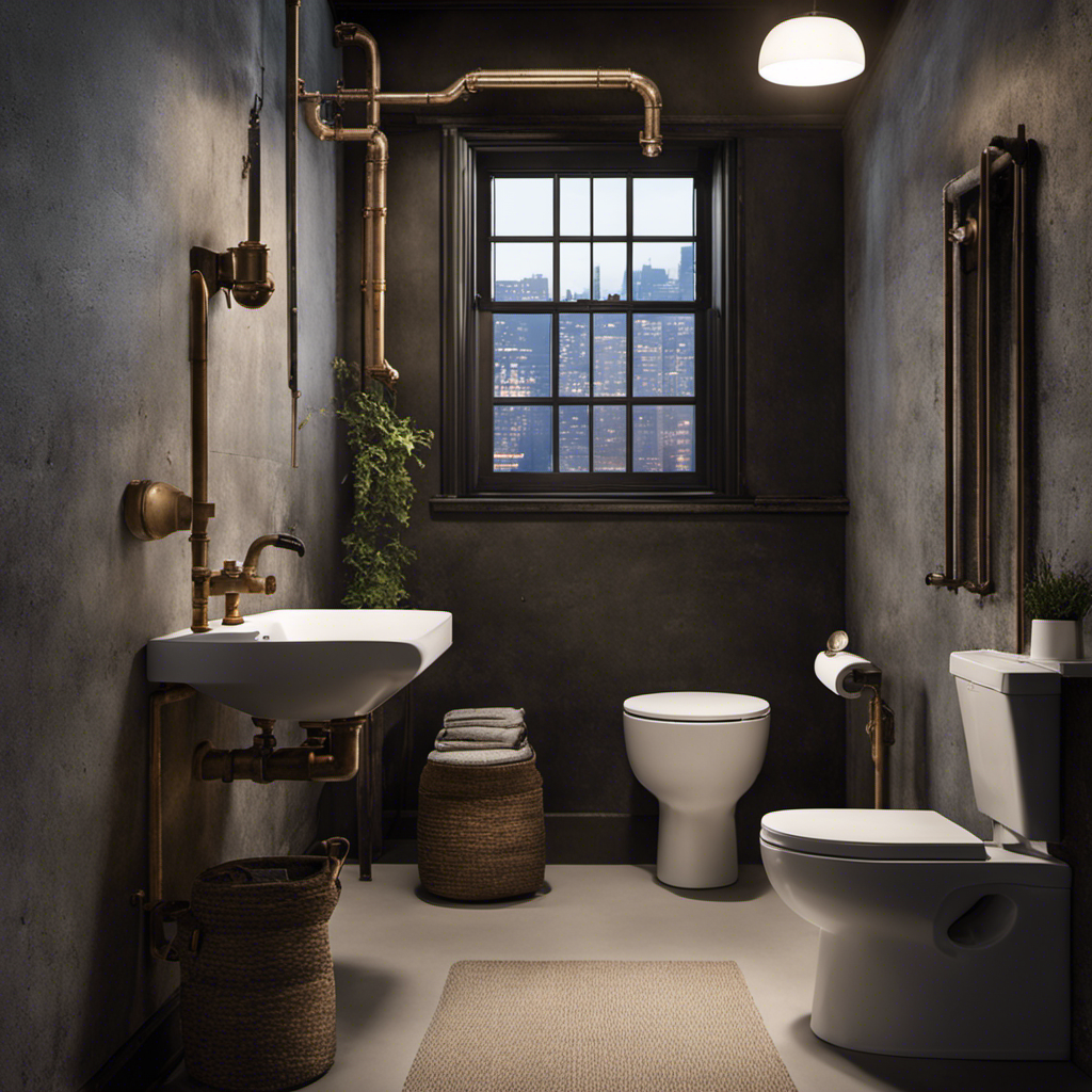 An image capturing the essence of a Pittsburgh Toilet, showcasing a basement bathroom adorned with a standalone toilet, a washbasin on the opposite side, a dimly lit space with exposed pipes, and concrete walls displaying signs of age and wear