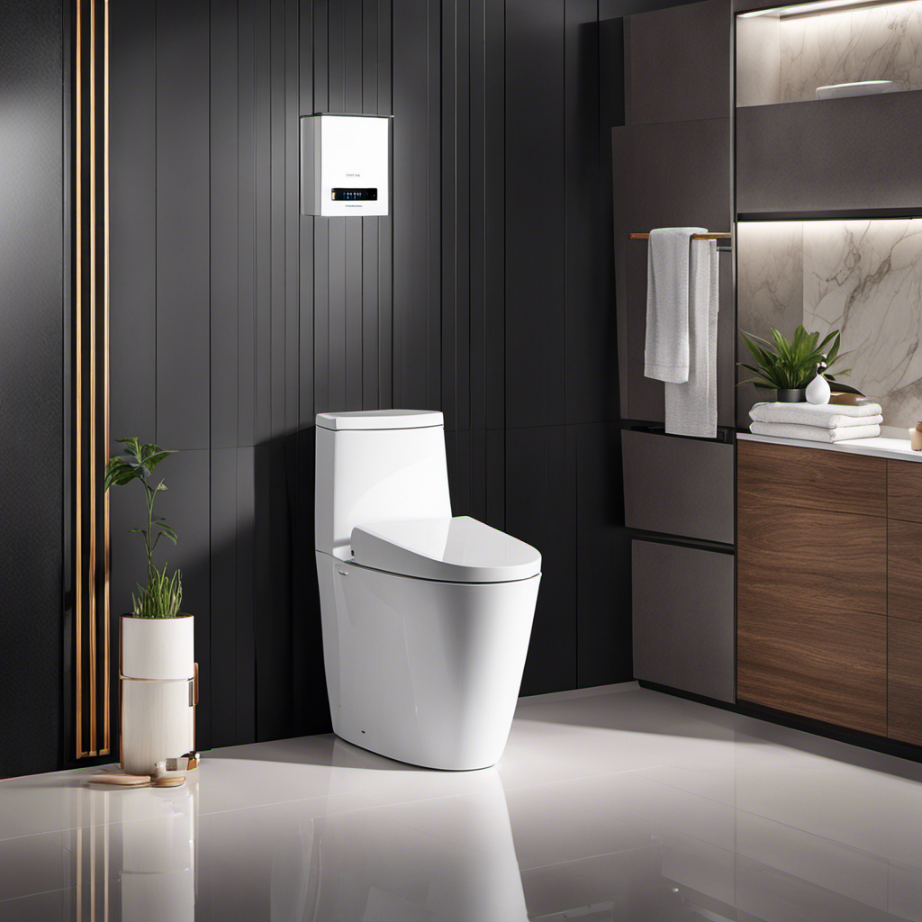 An image showcasing a sleek, modern bathroom with a cutting-edge toilet equipped with an advanced control panel, motion sensors, and built-in bidet function, exemplifying the concept of a smart toilet