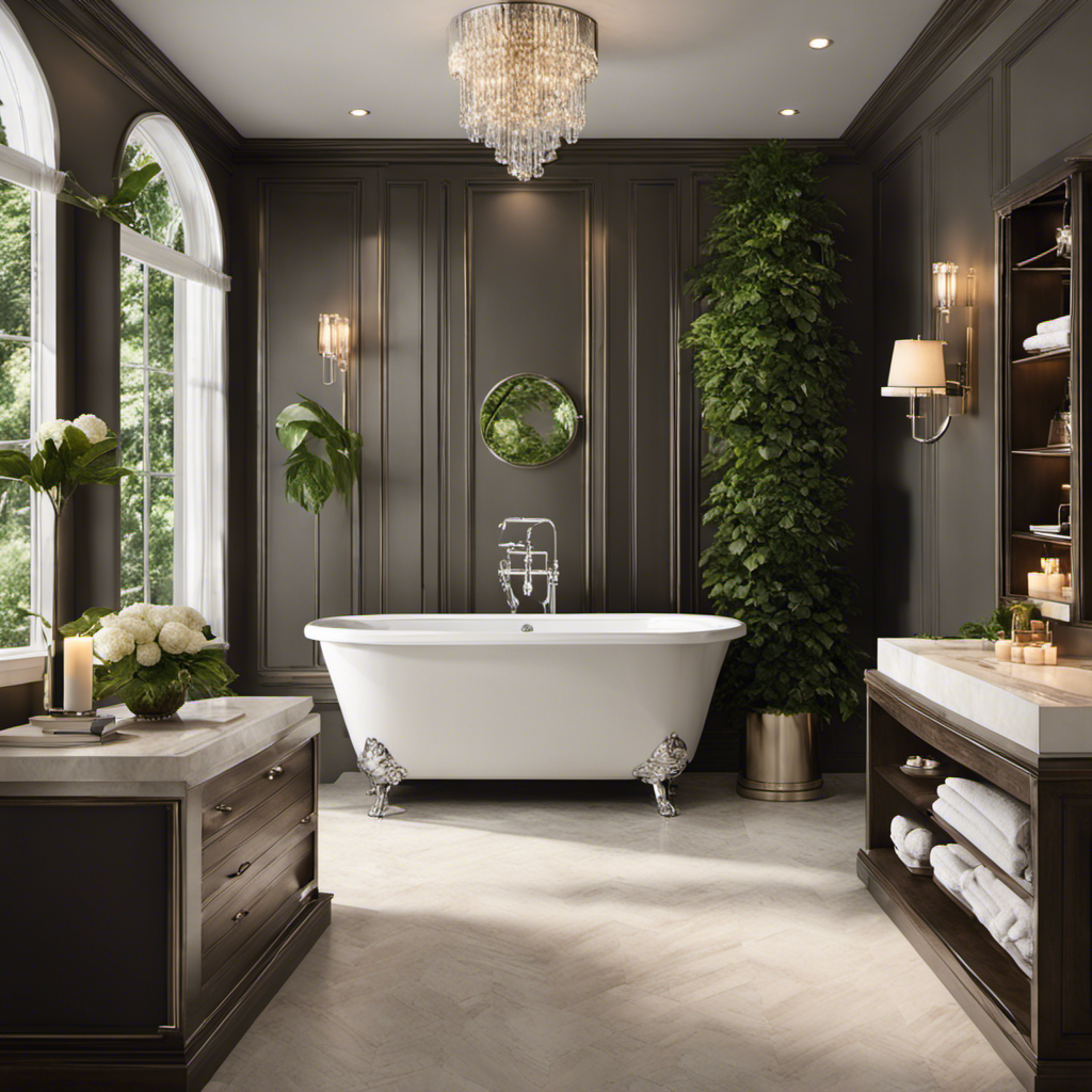 An image of a luxurious bathroom oasis featuring a deep, freestanding soaking bathtub adorned with elegant chrome fixtures, surrounded by soft candlelight, plush towels, and serene greenery - an epitome of relaxation and indulgence
