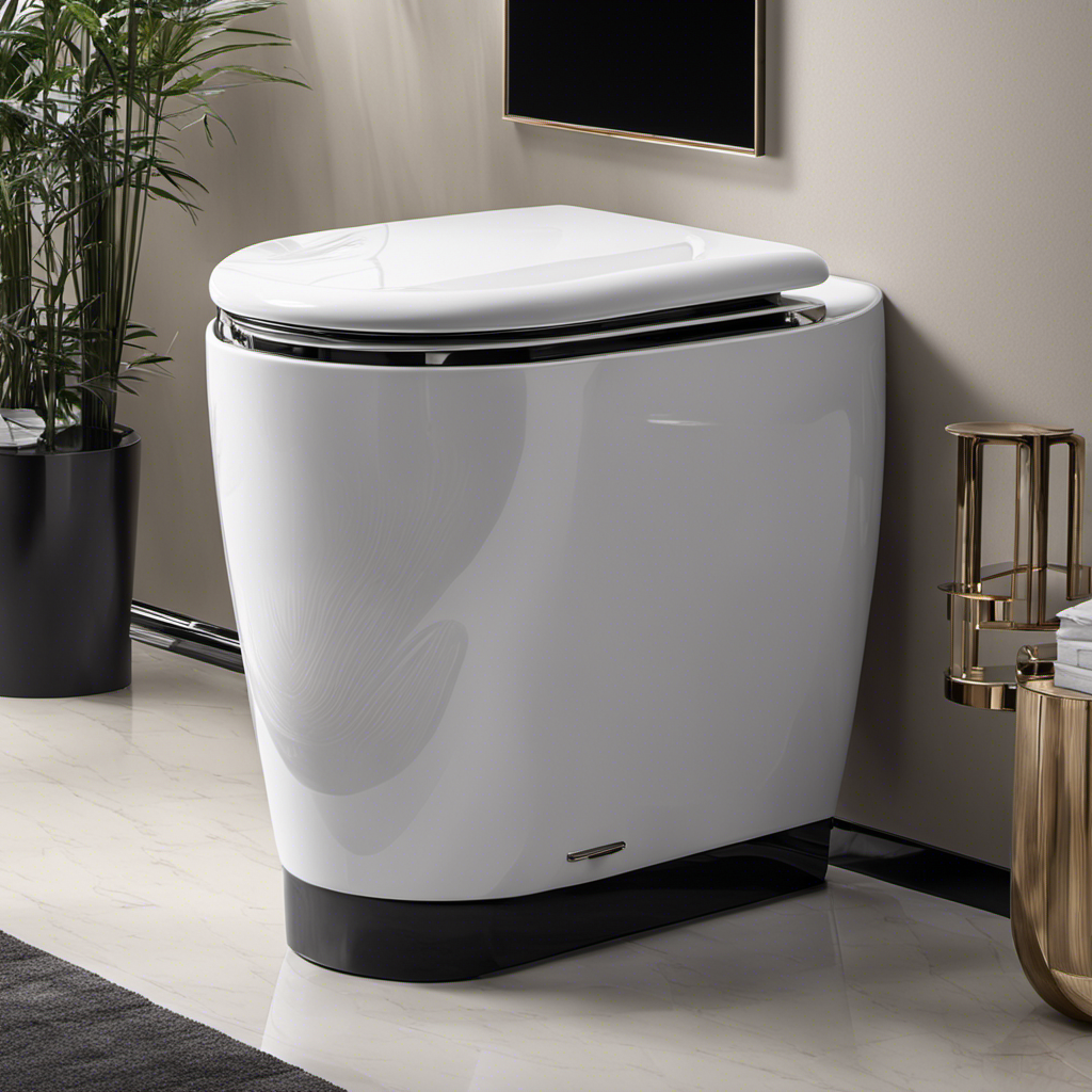 An image capturing the sleek and modern design of a toilet commode, showcasing its elongated shape, porcelain material, dual-flush mechanism, and sleek chrome accents that exude cleanliness and sophistication