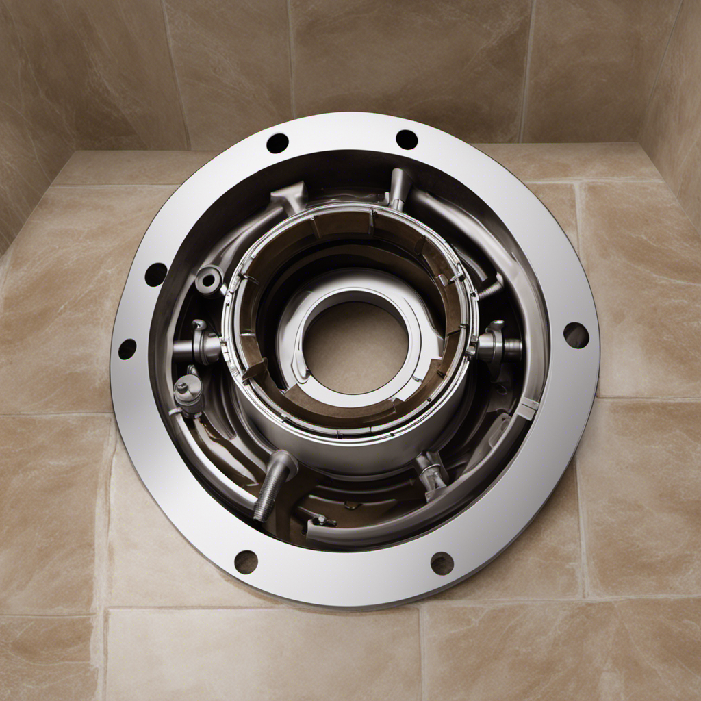 An image showcasing a cross-section of a toilet flange, positioned on a bathroom floor