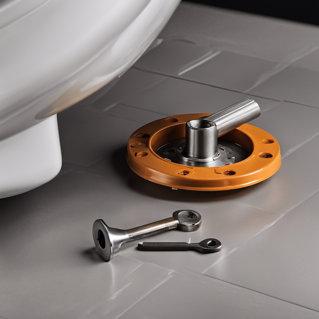 An image showing a close-up view of a toilet flange being removed from the floor using a wrench and a pry bar