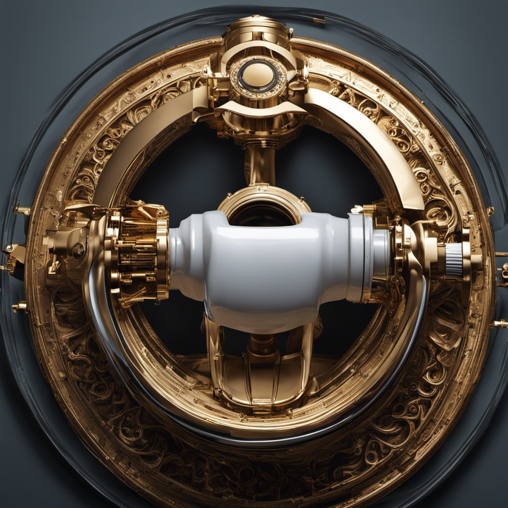 An image that depicts a close-up view of a toilet flush valve in action, capturing the water flow through the valve, the lever mechanism being pressed, and the movement of the flapper inside the tank