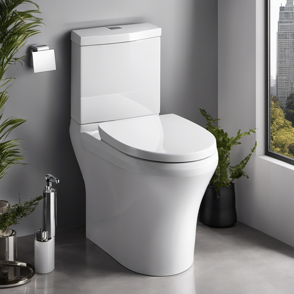 An image featuring a sleek, modern toilet bowl with a glossy white finish, complemented by a chrome flush lever