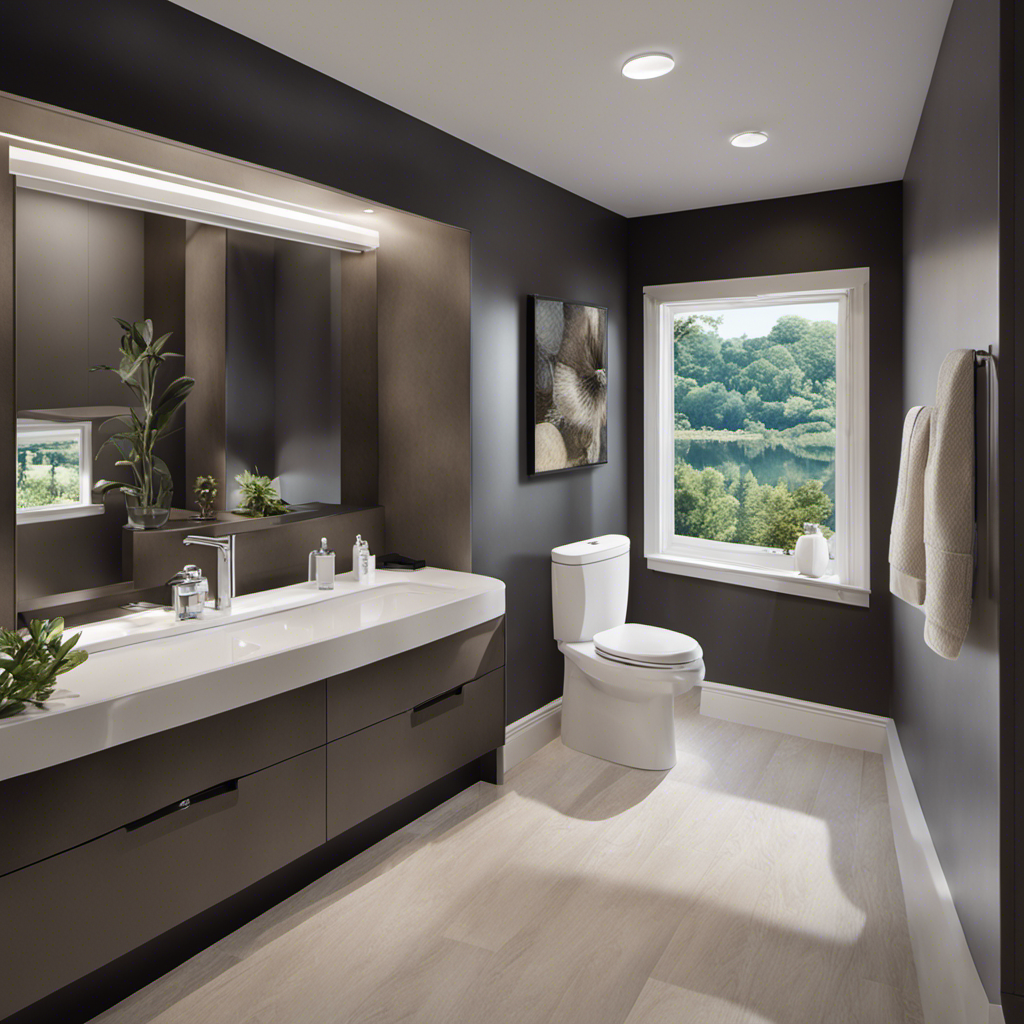 An image showcasing a sleek, modern bathroom with a universal height toilet