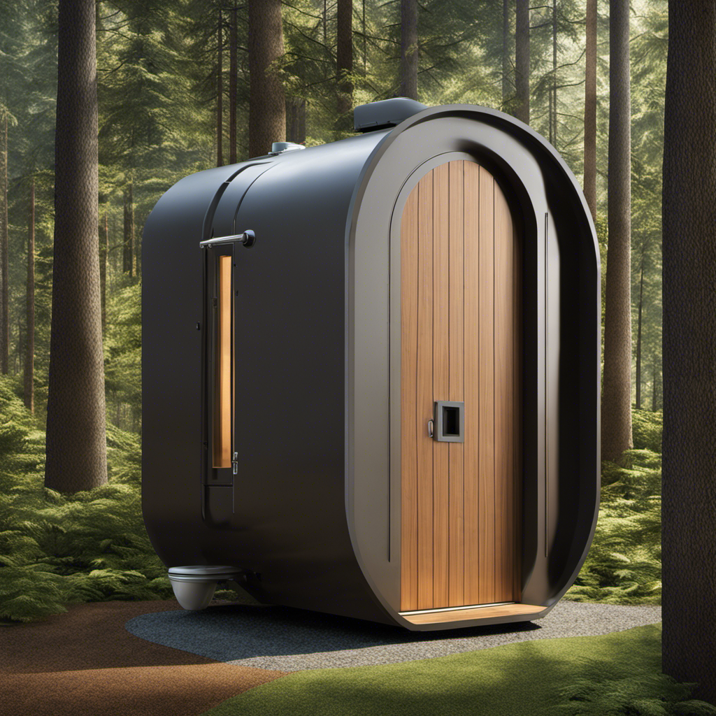 An image showcasing a serene forest setting with a well-maintained vault toilet nestled among dense trees