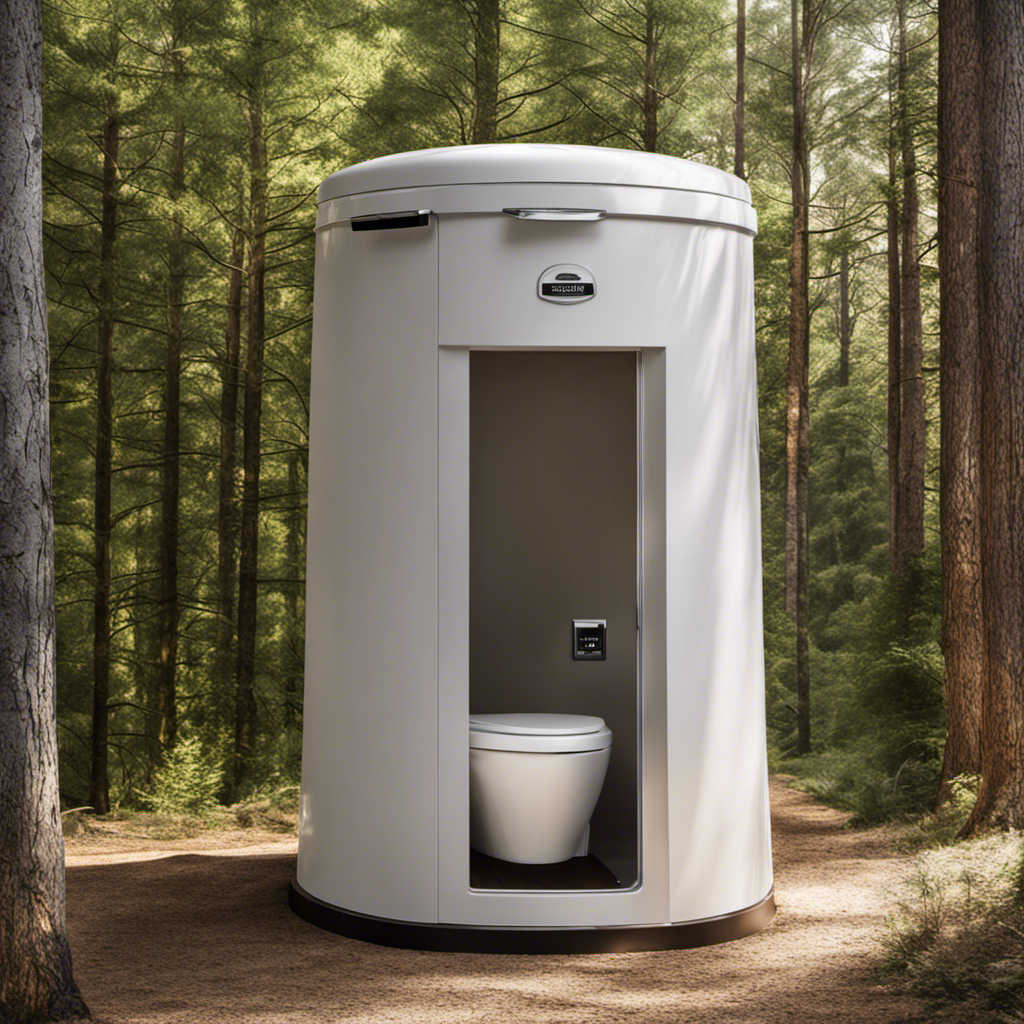 An image that showcases a serene natural setting with a well-maintained, odor-free vault toilet nestled discreetly amidst trees and offering easy accessibility, highlighting the benefits and advantages of vault toilets