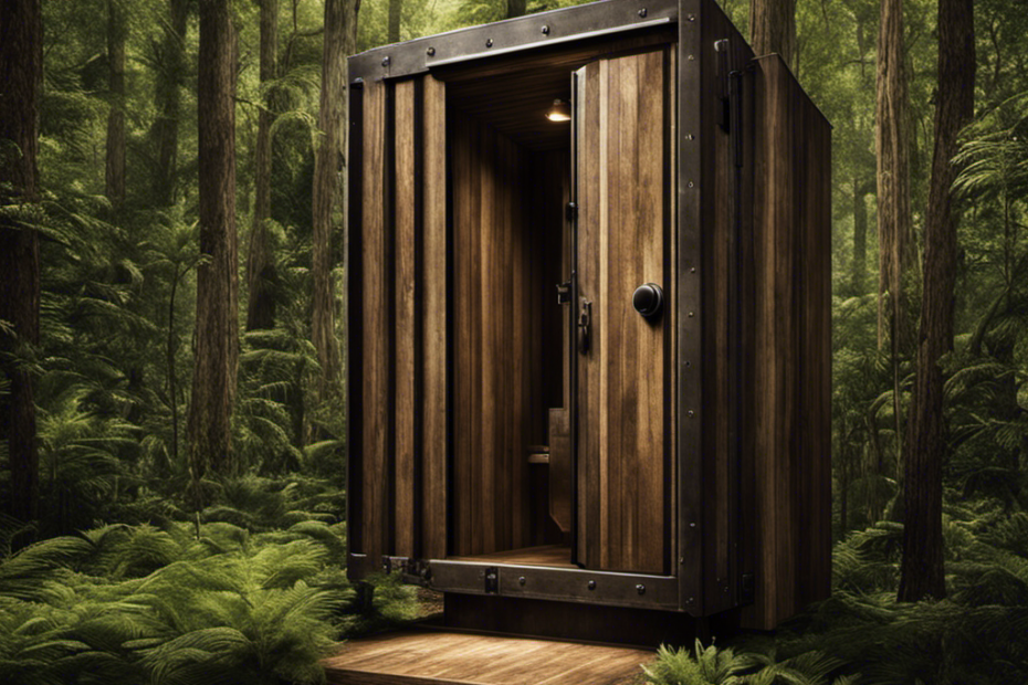 An image capturing the essence of a vault toilet: a sturdy, rectangular structure nestled amidst towering trees, its weathered wooden exterior adorned with a discreet sign