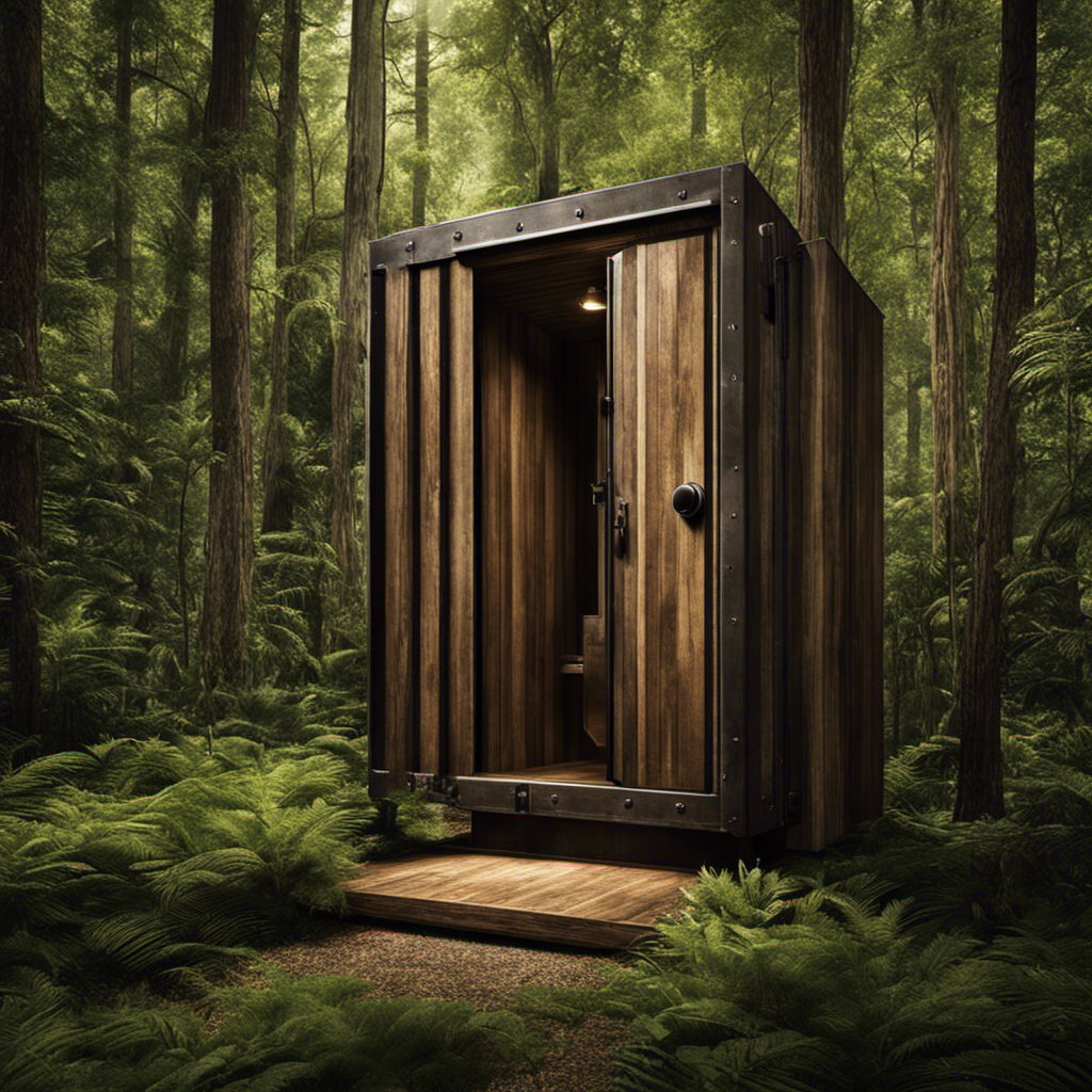 An image capturing the essence of a vault toilet: a sturdy, rectangular structure nestled amidst towering trees, its weathered wooden exterior adorned with a discreet sign