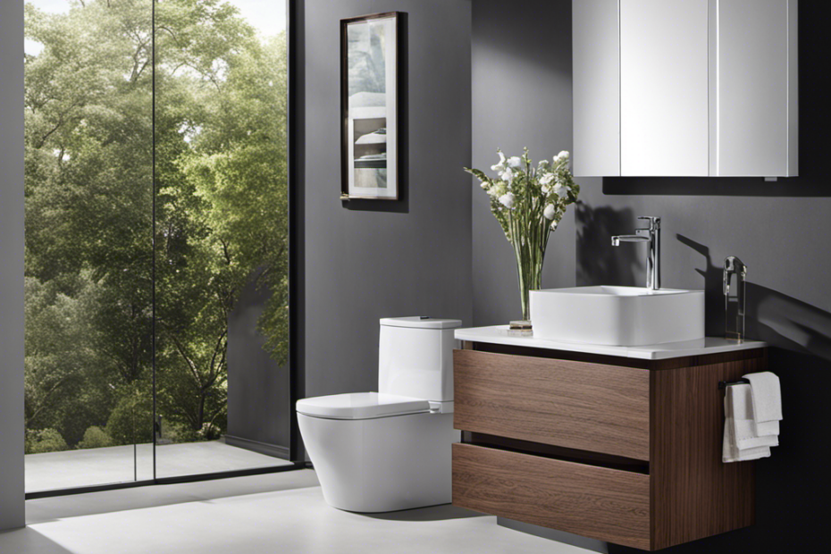 An image that showcases a sleek, modern bathroom with a Watersense toilet at its center